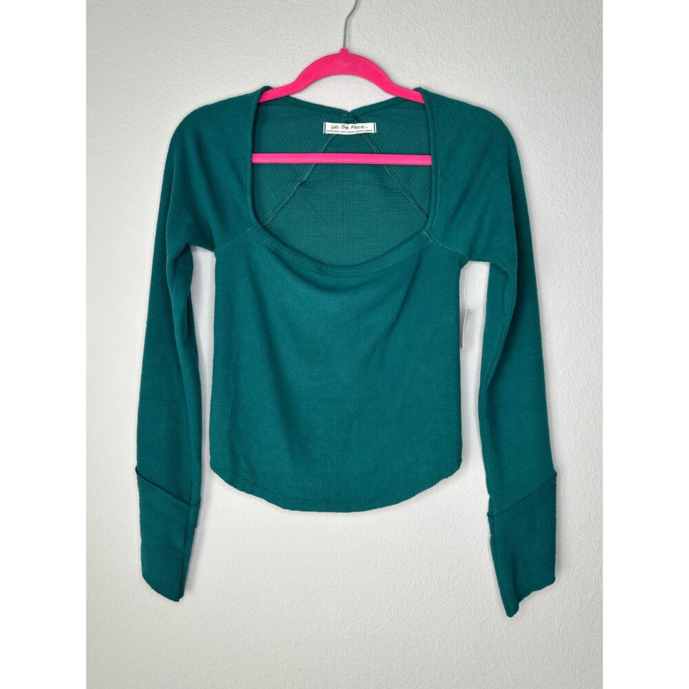 FREE PEOPLE Square Neckline Cross Back Cropped Thermal Sweater Top Green Size XS